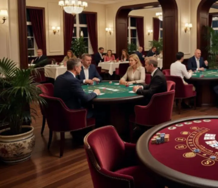 Stílusos lounge tér pókerasztalokkal, rulettasztallal és blackjack asztallal