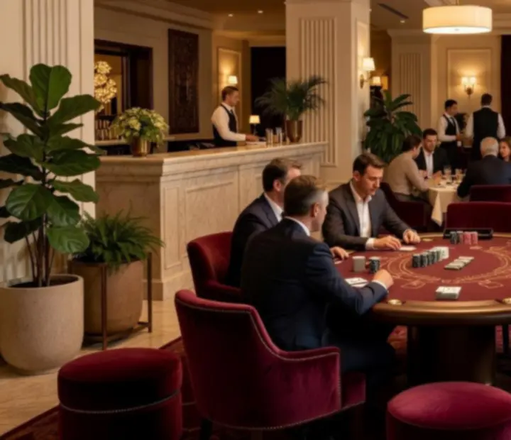Elegáns blackjack lounge a Fresh Kitchenn kaszinói étteremben, esti hangulatvilágítással