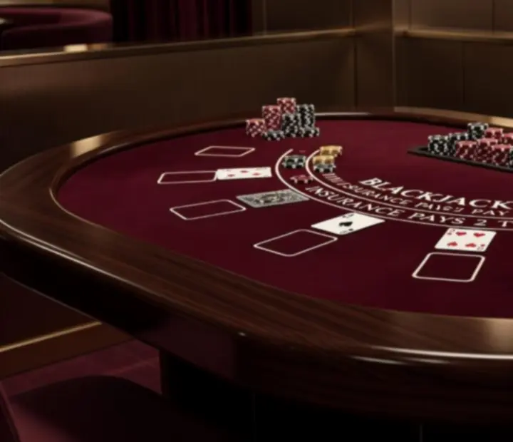 Blackjack asztal közelről, zsetonokkal és kártyákkal a Fresh Kitchenn kaszinói étteremben