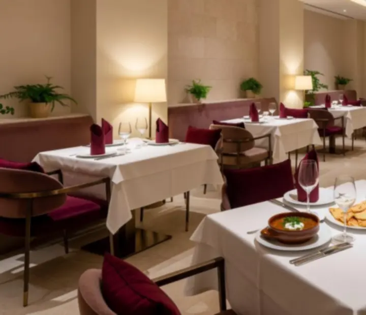 Elegáns esti éttermi enteriőr terített asztalokkal a Fresh Kitchenn kaszinói étteremben.