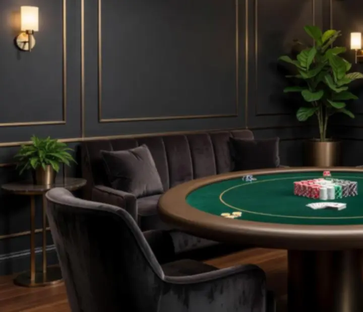 Kaszinó lounge pókerasztallal és elegáns esti kaszinó enteriőrrel.