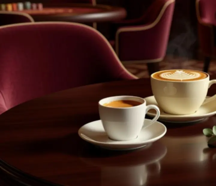 Barista frissen készített eszpresszót és latte art kávét tálal a kaszinói bár pultján