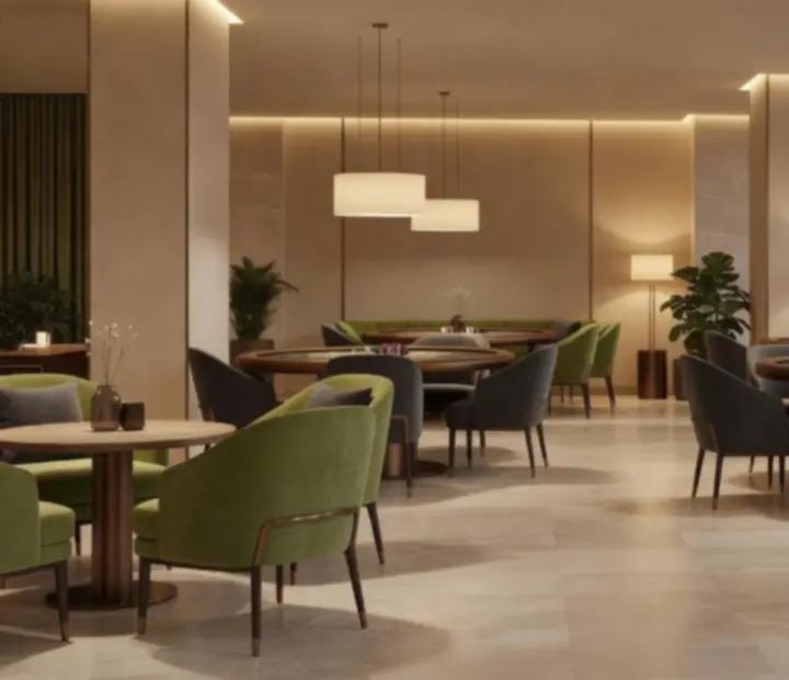 Elegáns esti kaszinói lounge bistroasztalokkal a Fresh Kitchenn-ben