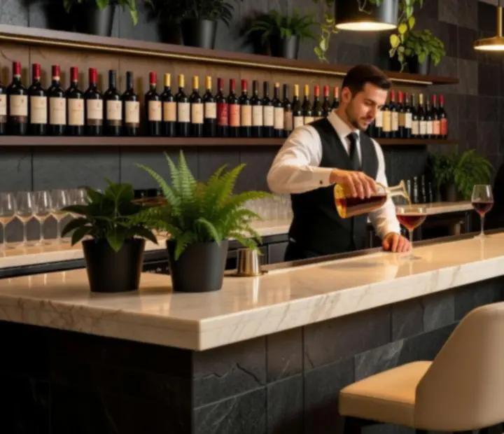 Fresh Kitchenn bárpult és éttermi belső tér meleg krém és zöld színvilággal